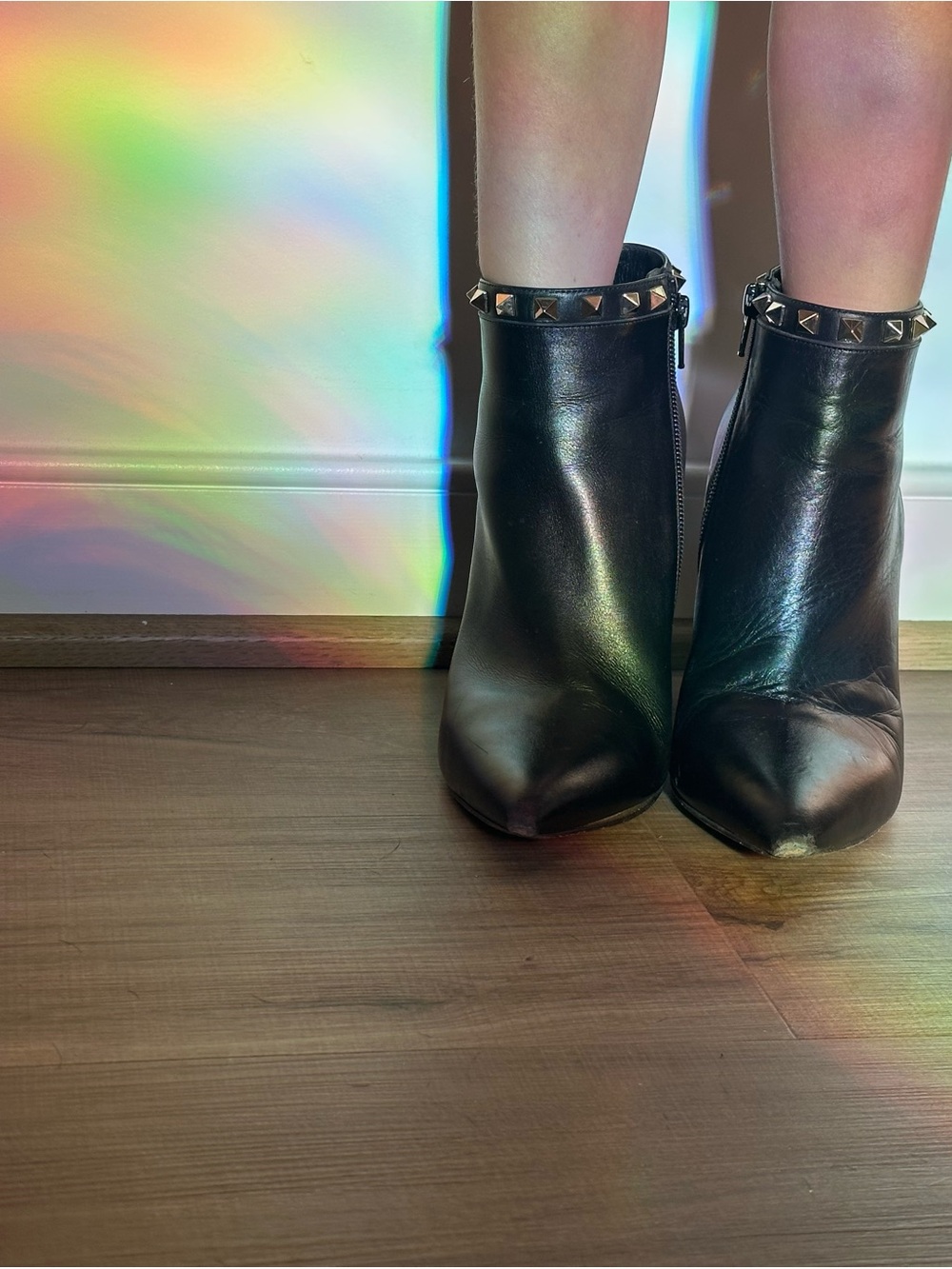 Valentino Black Leather Stud-Trim Ankle Booties
